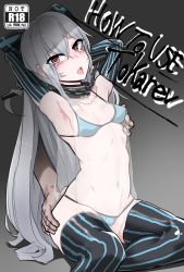 Rule 34 | 1boy, 1girl, armpits, bad id, bad pixiv id, bikini, black gloves, black thighhighs, blue bikini, blue stripes, blush, bow, breasts, chain, character name, chemise, collar, comic, commentary request, cover, elbow gloves, english text, fake cover, girls&#039; frontline, gloves, grabbing, grabbing another&#039;s breast, gradient background, grey background, grey hair, gun, hair bow, hand on another&#039;s ass, handgun, highres, k0ng, leaning back, long hair, looking at viewer, micro bikini, navel, pantyhose, red eyes, sitting, small breasts, spreader bar, striped clothes, striped gloves, striped pantyhose, striped thighhighs, swimsuit, tears, thighhighs, title, tokarev (girls&#039; frontline), tokarev tt-33, tongue, tongue out, vertical-striped clothes, vertical-striped gloves, vertical-striped pantyhose, vertical-striped thighhighs, very long hair, weapon