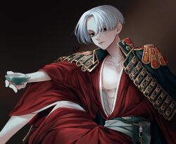 Rule 34 | 1boy, absurdres, black background, black eyes, black jacket, closed mouth, collarbone, cowboy shot, cup, empty eyes, highres, holding, holding cup, jacket, jacket on shoulders, japanese clothes, kimono, knee up, looking at viewer, male focus, pizza oisii6, red kimono, sano manjirou, short hair, sitting, solo, tokyo revengers, white hair