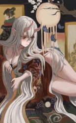 Rule 34 | 1girl, absurdres, breasts, bug, butterfly, cleavage, dress, gold can, highres, horns, insect, japanese clothes, long hair, long sleeves, oni, original, pointy ears, red eyes, solo, very long hair, white hair, wide sleeves