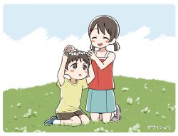 Rule 34 | 1boy, 1girl, :d, aged down, black hair, black shorts, blue footwear, blue skirt, blue sky, border, brother and sister, child, closed eyes, day, flower wreath, ganaishoten, grass, hair ornament, hairclip, hill, kneeling, open mouth, original, outdoors, outside border, pink footwear, shirt, shoes, short twintails, shorts, siblings, sitting, skirt, sky, smile, t-shirt, twintails, wariza, white border