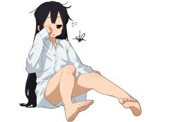 Rule 34 | 1girl, absurdres, barefoot, black hair, brown eyes, collared shirt, commentary request, ery long hair, feet, full body, hair down, highres, k-on!, kicchi (tmgk), long hair, long sleeves, nakano azusa, shirt, sidelocks, signature, simple background, sitting, soles, soles together, solo, toes, waking up, white background, white shirt