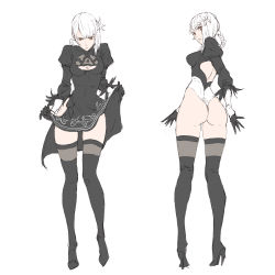 Rule 34 | 1girl, ass, black dress, black thighhighs, commentary, cosplay, dress, english commentary, high heels, highres, holding, holding clothes, holding dress, kaine (nier), leotard, looking at viewer, looking back, looking down, nier, nier (series), nier:automata, no pants, ozkh, scowl, solo, thighhighs, white hair, yellow eyes, 2b (nier:automata), 2b (nier:automata) (cosplay)