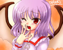 Rule 34 | 1girl, ;o, bat wings, blush, capelet, female focus, hand to own mouth, oekaki, one eye closed, open mouth, orange background, purple hair, red eyes, remilia scarlet, short hair, sleepy, solo, tearing up, touhou, upper body, wings, wristband, yawning