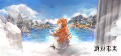Rule 34 | 1girl, blue sky, character request, cloud, cloudy sky, copyright name, csyday, dress, hairband, highres, long hair, looking at viewer, looking back, official art, orange hair, reverse:1999, sky, solo, tree, village, white dress