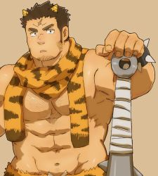 Rule 34 | 1boy, :o, abs, alternate costume, animal print, bara, bare pectorals, body hair, bracelet, brown hair, chest hair, club (weapon), colored sclera, cross scar, demon horns, facial hair, hand on weapon, horns, houzouin oniwaka, jewelry, large pectorals, long sideburns, looking at viewer, male focus, muscular, navel, nipples, oni, oni horns, pectorals, planted, scar, scar on face, scar on forehead, short hair, sideburns, solo, spiked bracelet, spikes, stomach, stubble, thick eyebrows, tiger print, tokyo houkago summoners, upper body, weapon, yanutorie, yellow sclera
