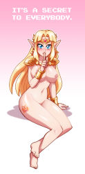 Rule 34 | 1girl, ass, blonde hair, blue eyes, blush, breasts, elbow gloves, english text, finger to mouth, gloves, long hair, looking at viewer, nintendo, nipples, nopeavi, nude, pointy ears, princess zelda, shoulder pads, sitting, solo, stomach, tattoo, text focus, the legend of zelda, the legend of zelda: a link between worlds, tiara, white gloves