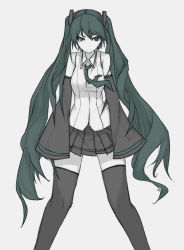 Rule 34 | 1girl, angry, bad id, bad pixiv id, black skirt, black thighhighs, cell (acorecell), closed mouth, collared shirt, detached sleeves, flat color, green eyes, green hair, green neckwear, grey background, hatsune miku, long hair, looking at viewer, necktie, pleated skirt, shirt, simple background, skirt, thighhighs, very long hair, vocaloid, white shirt, wing collar, zettai ryouiki