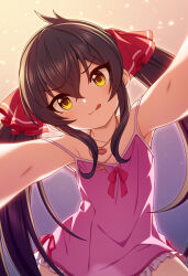Rule 34 | 1girl, :q, black hair, flat chest, from below, fuu (koneko no yomeiri), hair ribbon, heart, heart necklace, idolmaster, idolmaster cinderella girls, jewelry, long hair, looking at viewer, matoba risa, necklace, nightgown, pink nightgown, ribbon, smile, solo, tongue, tongue out, twintails, yellow eyes