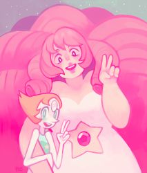 Rule 34 | 2girls, arm hug, bare shoulders, blush, curly hair, gem, glitchedpuppet, happy, looking at viewer, multiple girls, pale skin, pearl (steven universe), pink hair, rose quartz universe, size difference, sleeveless, smile, star (sky), steven universe, v