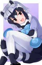 Rule 34 | 10s, 1girl, :d, animal ears, black bow, black bowtie, black hair, black skirt, blush, bow, bowtie, commentary request, common raccoon (kemono friends), fang, food, fur collar, gomashi (goma), gradient hair, green hair, highres, japari bun, kemono friends, looking at viewer, md5 mismatch, multicolored hair, open mouth, pantyhose, pleated skirt, raccoon ears, raccoon tail, short hair, simple background, sitting, skirt, smile, solo, tail, two-tone hair, white background, white pantyhose