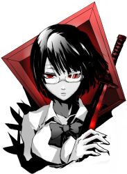 Rule 34 | 1girl, bow, bowtie, collarbone, durarara!!, eski, expressionless, female focus, framed, glasses, monochrome, open collar, picture frame, red eyes, red theme, shirt, short hair, solo, sonohara anri, spot color, sword, weapon, white background, wind