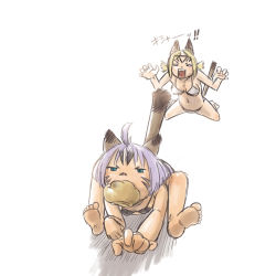 Rule 34 | 00s, 2girls, animal ears, bad id, bad pixiv id, blonde hair, blue eyes, cat girl, comic, final fantasy, final fantasy xi, mithra (ff11), mouth hold, multiple girls, nucomas, purple hair, running, scone, simple background, tail, underwear, underwear only, white background