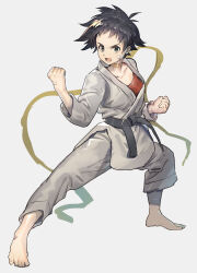 Rule 34 | 1girl, absurdres, bandaid, bandaid on face, barefoot, black hair, breasts, brown eyes, capcom, choker, dougi, fighting stance, highres, karate, karate gi, looking at viewer, lower teeth only, makoto (street fighter), martial arts belt, medium breasts, open mouth, red sports bra, ribbon choker, short hair, solo, sports bra, street fighter, street fighter iii (series), street fighter iv (series), tanakalma, teeth, tomboy, white background, yellow choker