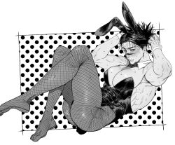Rule 34 | 1boy, animal ear hairband, animal ears, bare shoulders, barefoot, black eyes, black hair, blush, bow, bowtie, choso (jujutsu kaisen), clenched teeth, detached collar, ear blush, embarrassed, fake animal ears, fishnet pantyhose, fishnets, from side, full body, greyscale, hairband, hands on own head, highres, jujutsu kaisen, knees up, large pectorals, leaning back, light frown, looking at viewer, male focus, male playboy bunny, monochrome, muscular, muscular male, pantyhose, pectoral cleavage, pectorals, rabbit ear hairband, rabbit ears, simple background, solo, sweatdrop, teeth, uoru1 juju, wrist cuffs, yaoi