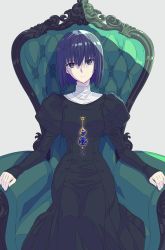 Rule 34 | 1girl, absurdres, armchair, black dress, blue eyes, blue hair, chair, closed mouth, dress, expressionless, eyebrows hidden by hair, feet out of frame, grey background, hair over eyes, head tilt, highres, juliet sleeves, kuonji alice, long dress, long sleeves, looking at viewer, mahou tsukai no yoru, on chair, puffy sleeves, shadow, short hair, simple background, sitting, sleeves past wrists, solo, tsurime, xtango