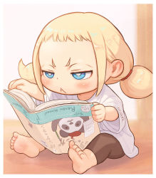 Rule 34 | 1girl, :&lt;, blonde hair, blue eyes, book, child, commentary request, hairband, kozato (yu kozato), leggings, low twintails, original, oversized clothes, shirt, short sleeves, short twintails, solo, twintails, upside-down book, white shirt
