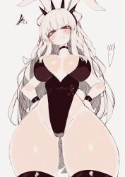 Rule 34 | angry, animal ears, black choker, black hairband, black thighhighs, black wristband, blush, breasts, carrot, choker, cleavage, fake animal ears, gluteal fold, hairband, helltaker, inner sideboob, large breasts, leotard, long hair, looking at viewer, lucifer (helltaker), pale skin, playboy bunny, rabbit ears, red eyes, revealing clothes, spiked hairband, spikes, thick thighs, thighhighs, thighs, usa37107692, very long hair, white hair, wide hips