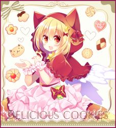 Rule 34 | 1girl, :d, animal ears, animal hood, blonde hair, blush, bow, capelet, cat ears, cat hood, checkerboard cookie, commentary request, cookie, dress, eat me, english text, fake animal ears, fang, feathered wings, food, hair between eyes, hair bow, heart, holding, holding food, hood, hood up, hooded capelet, layered dress, looking at viewer, open mouth, original, pink dress, pleated dress, puffy short sleeves, puffy sleeves, red bow, red capelet, red eyes, shikito (yawa0w0), short sleeves, smile, solo, white wings, wings, wrist cuffs