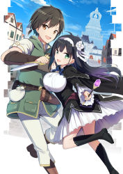 Rule 34 | 1boy, 1girl, black dress, black footwear, black hair, blue sky, boots, breasts, brown eyes, brown footwear, brown hair, building, cloud, commentary request, copyright request, dagger, day, dress, flag, gotyou, green eyes, green jacket, holding, holding dagger, holding knife, holding wand, holding weapon, jacket, knee boots, knife, large breasts, long hair, outdoors, pants, sack, sheath, shirt, short sleeves, sky, textless version, unsheathed, very long hair, wand, weapon, white pants, white shirt