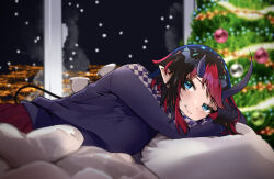 Rule 34 | 1girl, alternate costume, black hair, blue eyes, blush, breasts, christmas tree, city lights, closed mouth, commentary, demon girl, demon horns, demon tail, earrings, highres, horns, indoors, jewelry, large breasts, looking at viewer, lying, multicolored hair, nanashi inc., on bed, on stomach, pillow, pointy ears, pov across bed, purple sweater, red hair, red skirt, ryugasaki rene, short hair, skirt, smile, snowing, solo, stud earrings, sugar lyric, sweater, symbol-only commentary, tail, two-tone hair, virtual youtuber, zono (inokura syuzo029)