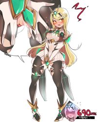 Rule 34 | 1girl, blonde hair, breasts, covering crotch, covering privates, embarrassed, gameplay mechanics, highres, large breasts, mythra (massive melee) (xenoblade), mythra (xenoblade), nintendo, puffphox, pussy, pussy juice, solo, super smash bros., torn clothes, torn legwear, xenoblade chronicles (series), xenoblade chronicles 2