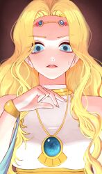 Rule 34 | 1girl, bare shoulders, blonde hair, blue eyes, blue gemstone, breasts, circlet, commission, cygnus (maplestory), eyes visible through hair, fingernails, gem, hair intakes, hand up, jewelry, long hair, looking at viewer, maplestory, medium breasts, neck ring, necklace, parted lips, red lips, se tu (55559229), sleeveless, solo, straight-on, upper body, wavy hair, wristlet