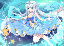 Rule 34 | 1girl, absurdres, blue dress, blue eyes, blue hair, chinese commentary, clothing cutout, doris (hololive), dress, fins, floating, floating clothes, gloves, head fins, highres, hololive, hololive china, huge filesize, long hair, looking down, open hands, shell hair ornament, smile, solo, starfish, stomach cutout, thigh strap, tiara, underwater, very long hair, virtual youtuber, white gloves, yuyeduo ayumu