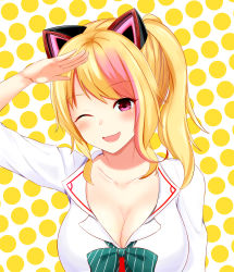 Rule 34 | .live, 1girl, ;d, absurdres, arm at side, arm up, blonde hair, blush, bow, breasts, cleavage, dogxfish, green bow, hair ornament, highres, large breasts, long hair, looking at viewer, multicolored hair, nekonoki mochi, one eye closed, open mouth, pink eyes, pink hair, polka dot, polka dot background, salute, shirt, simple background, smile, solo, streaked hair, two-tone hair, upper body, virtual youtuber, white shirt