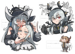 Rule 34 | 1boy, 3girls, arknights, bison (arknights), black gloves, black hat, black shirt, blush, capelet, chibi, closed eyes, closed mouth, clothing cutout, cropped torso, forehead, frown, furrowed brow, gloves, grey hair, grey jacket, half-closed eyes, hand on another&#039;s chin, hands in pockets, hat, headpat, high collar, highres, horns, irene (arknights), jacket, licking, licking another&#039;s face, long hair, looking at viewer, multiple girls, open clothes, open jacket, open mouth, orange eyes, pointing, pointing at self, pointing with thumb, red eyes, request inset, scar, scar across eye, shirt, short bangs, shoulder cutout, simple background, sleeveless, sleeveless shirt, smirk, specter (arknights), specter the unchained (arknights), tail, tail wagging, thick eyebrows, tirarizun, tongue, tongue out, translation request, uneven eyes, weedy (arknights), white background, white capelet