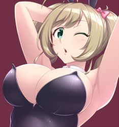 Rule 34 | 1girl, animal ears, black leotard, blonde hair, breasts, chestnut mouth, close-up, detached collar, fake animal ears, green eyes, idolmaster, idolmaster cinderella girls, large breasts, leotard, long hair, looking at viewer, one eye closed, pantyhose, pataneet, playboy bunny, rabbit ears, rabbit girl, rabbit tail, sato shin, solo, strapless, strapless leotard, tail, twintails, upper body