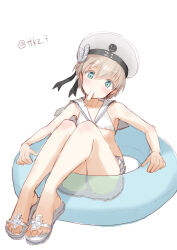 Rule 34 | 1girl, bikini, bikini skirt, clothes writing, cross, food, green eyes, grey hair, hat, highres, innertube, iron cross, kantai collection, microskirt, mouth hold, one-hour drawing challenge, popsicle, sailor bikini, sailor collar, sailor hat, sandals, sitting, skirt, solo, swim ring, swimsuit, tetsukuzu (yajirushi shita), twitter username, white bikini, white hat, white sailor collar, z1 leberecht maass (kancolle), z1 leberecht maass (swimsuit mode) (kancolle)