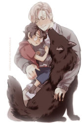 Rule 34 | 1other, 2boys, animal, black fur, brown hair, carrying, carrying person, child, closed eyes, dog, eyebrows, facial scar, glasses, harry potter, harry potter (series), holding, hug, licking, multiple boys, parted lips, remus lupin, scar, scar on cheek, scar on face, scar on nose, shoes, short hair, simple background, sirius black, sitting, tail, tail raised, teeth, tongue, tongue out, transformation, twitter username, white background, wizarding world
