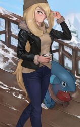 Rule 34 | 1girl, absurdres, alternate costume, arm up, beanie, black jacket, blonde hair, blue pants, blue sky, blush, breasts, bridge, brown shirt, brown sweater, casual, closed mouth, creatures (company), cup, cynthia (pokemon), day, denim, fur-trimmed jacket, fur trim, game freak, gen 4 pokemon, gible, grey eyes, hair over one eye, hat, highres, holding, holding cup, hot drink, jacket, jeans, jeredxd, medium breasts, mug, nintendo, outdoors, pants, plaid, plaid scarf, pokemon, pokemon (creature), pokemon dppt, scarf, shirt, sky, snow, steam, sweater, tree, turtleneck, turtleneck sweater, walking