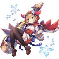 Rule 34 | 1girl, basket, black thighhighs, blonde hair, brown footwear, brown gloves, cape, flower, full body, gloves, green eyes, grimms notes, highres, little red riding hood (grimm), official art, pouch, red cape, red hood, shoes, simple background, solo, thighhighs, u rin
