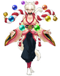 Rule 34 | 1girl, animal ears, bare shoulders, breasts, cleavage, collar, covered erect nipples, dog ears, dog tail, eyeshadow, floating, floating object, fox ears, fox tail, full body, hip vent, huge breasts, japanese clothes, jewelry, kitsune, makeup, orb, ring, rope, shimenawa, short hair, silver hair, smile, solo, spacezin, standing, tabi, tail, tokyo tenma, tokyo tenma: devil slave, wide sleeves, yatsufusa (tokyo tenma), yellow eyes