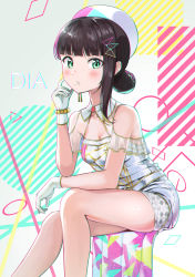Rule 34 | 1girl, absurdres, bad id, bad pixiv id, bare shoulders, black hair, breasts, character name, chromatic aberration, cleavage, commentary request, dress, gloves, green eyes, hair bun, hair ornament, hand up, highres, kurosawa dia, looking at viewer, love live!, love live! school idol festival, love live! sunshine!!, medium breasts, mole, mole under mouth, parted lips, see-through, shaka (staito0515), sidelocks, single hair bun, sitting, solo, white dress, white gloves