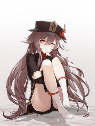 Rule 34 | 1girl, :d, absurdres, black shorts, brown hair, chinese clothes, commentary, eyeshadow, feet, flower, genshin impact, grin, hair between eyes, hat, hat flower, hat ornament, head tilt, highres, hu tao (genshin impact), hugging own legs, jewelry, kneehighs, knees to chest, knees up, legs, long hair, long sleeves, looking at viewer, makeup, no shoes, open mouth, porkpie hat, red eyes, red eyeshadow, ring, short shorts, shorts, sidelocks, simple background, sitting, smile, socks, soles, solo, symbol-shaped pupils, toes, twintails, white background, white socks, zx961219