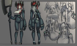 Rule 34 | 1girl, android, ass, axe, breasts, fxx, green eyes, hair ornament, horns, large breasts, long arms, long tongue, mecha, original, piercing, red eyes, red hair, robot, tagme, tongue, tongue out, tongue piercing, turtleneck, weapon, wire