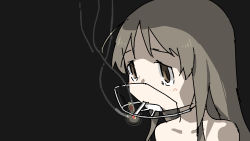 Rule 34 | 1girl, black background, brown eyes, brown hair, cigarette, closed mouth, collarbone, face shield, from side, furrowed brow, highres, long hair, looking away, negative space, original, portrait, sad, simple background, smoke, smoking, solo, tsukumizu yuu, wardrobe error, you&#039;re doing it wrong