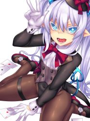 Rule 34 | 1girl, :d, between legs, black footwear, black hat, blue eyes, bow, bowtie, brown pantyhose, card, clubs, colored eyelashes, corset, covered navel, demon tail, diamond (shape), elsword, female focus, fi-san, fingernails, from above, gloves, hand between legs, hat, heart, highres, horns, leotard, long fingernails, long hair, long sleeves, looking at viewer, luciela r. sourcream, open mouth, palms, pantyhose, playing card, pointy ears, red bow, red bowtie, red ribbon, ribbon, shoes, sitting, smile, solo, spade, symbol-shaped pupils, tail, thigh strap, thighs, transparent background, twintails, very long hair, wariza, white gloves, white hair