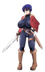 Rule 34 | 1girl, amazon (taitaitaira), blue hair, bodysuit, breasts, cropped jacket, earrings, female focus, fingerless gloves, full body, gloves, highres, huge breasts, jewelry, large areolae, original, short hair, solo, sword, weapon, yellow eyes