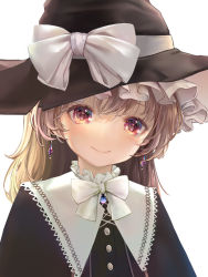 Rule 34 | 1girl, adapted costume, alternate eye color, alternate hairstyle, black hat, blonde hair, bow, bowtie, character request, check character, closed mouth, drop earrings, earrings, hat, head tilt, highres, igusa (rush26), jewelry, kirisame marisa, light blush, light smile, long hair, pink eyes, simple background, solo, touhou, upper body, white background, witch hat