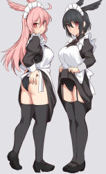 Rule 34 | 2girls, alternate costume, apron, ass, black dress, black footwear, black hair, black legwear, black panties, breasts, clothes lift, dress, dress lift, enmaided, fate/grand order, fate (series), full body, garter straps, grey background, hand on own ass, head wings, hildr (fate), hildr (valkyrie style) (fate), large breasts, lifting own clothes, loafers, long hair, long sleeves, maid, maid apron, maid headdress, multiple girls, ortlinde (fate), ortlinde (valkyrie style) (fate), panties, pink hair, red eyes, shiseki hirame, shoes, short hair, simple background, thighhighs, underwear, valkyrie (fate), white apron, wings