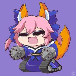 1girl animal_ear_fluff animal_ears black_eyes blue_bow blue_dress bow dress drogo_doggo fate/extra fate/grand_order fate_(series) fox_ears fox_girl full_body gatling_gun gun highres mechabare open_mouth pink_hair purple_background tamamo_(fate) tamamo_no_mae_(fate/extra) weapon