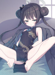 Rule 34 | bare arms, bare shoulders, barefoot, black dress, black gloves, black hair, black jacket, blue archive, blush, breasts, butterfly hair ornament, cameltoe, commentary request, covered navel, double bun, dress, feet, gloves, grey eyes, hair bun, hair ornament, halo, highres, jacket, kisaki (blue archive), legs, long hair, looking at viewer, parted lips, pinstripe pattern, sasakura momiji, sleeveless, sleeveless dress, small breasts, soles, solo, striped, twintails, very long hair, window