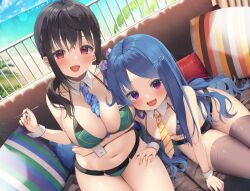 Rule 34 | 2girls, asa no ha (awayuki), bare arms, bare shoulders, between breasts, bikini, black hair, blue hair, breast hold, breasts, brown thighhighs, cleavage, couch, day, detached collar, dutch angle, fang, green bikini, hair ornament, hair over shoulder, hair ribbon, hairclip, halterneck, hand on another&#039;s thigh, hand up, holding, large breasts, leaning forward, long hair, looking at viewer, mimikaki, multiple girls, navel, necktie, necktie between breasts, on couch, one side up, open mouth, original, outdoors, parted bangs, pillow, purple bikini, purple eyes, red eyes, ribbon, sidelocks, sitting, small breasts, smile, stomach, strap gap, string bikini, striped necktie, swimsuit, thighhighs, thighs, wing collar, wrist cuffs