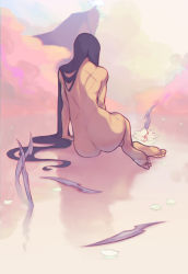 Rule 34 | 1girl, arm support, ass, back, barefoot, blood, cloud, completely nude, cross scar, cyanceebee, cyber (cyanceebee), day, facing away, flower, from behind, hair flowing over, highres, irelia, knife, league of legends, long hair, nude, on liquid, outdoors, petals, planted, planted knife, planted weapon, scar, scar on back, sitting, sitting on liquid, soles, solo, twitter username, very long hair, weapon, white flower, yokozuwari
