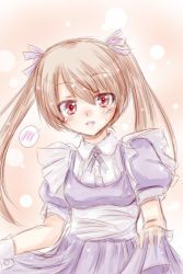 Rule 34 | 1girl, bad id, bad pixiv id, blush, brown hair, cilfy, dress, heart, long hair, looking at viewer, maid, phantasy star, phantasy star portable 2, phantasy star portable 2 infinity, phantasy star universe, puffy sleeves, purple dress, red eyes, short sleeves, sketch, skirt hold, solo, spoken blush, spoken heart, twintails