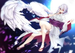 Rule 34 | 1girl, adapted costume, alternate costume, bare legs, feathered wings, flying, full body, japanese clothes, kimono, kishin sagume, legs, looking at viewer, moon, night, night sky, obi, open mouth, red eyes, sandals, sash, short hair, silver hair, single wing, sky, solo, star (sky), starry sky, touhou, white kimono, white wing, wings
