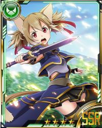 Rule 34 | 10s, 1girl, animal ears, armor, black skirt, black thighhighs, breastplate, brown hair, card (medium), cat ears, cat tail, hair ribbon, holding, holding knife, knife, looking at viewer, open mouth, pleated skirt, red eyes, red ribbon, ribbon, short hair, silica, silica (sao-alo), skirt, solo, star (symbol), sword art online, tail, thighhighs, zettai ryouiki